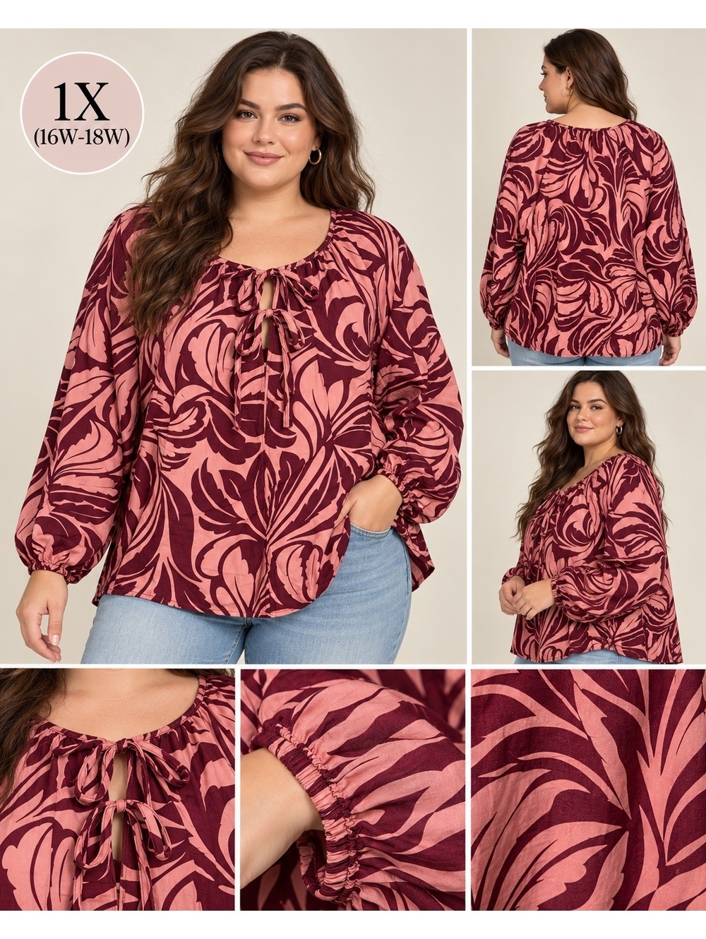 Terra and Sky Pink Burgundy Floral Long Sleeve Blouse 1X